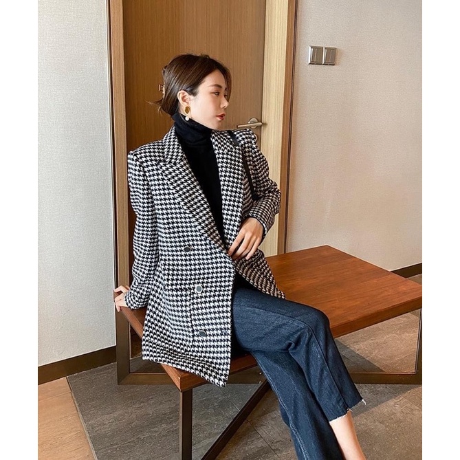 Áo Khoác Blazer Kẻ Đen Trắng Hàng Thiết Kế Thương Hiệu Quynh Design