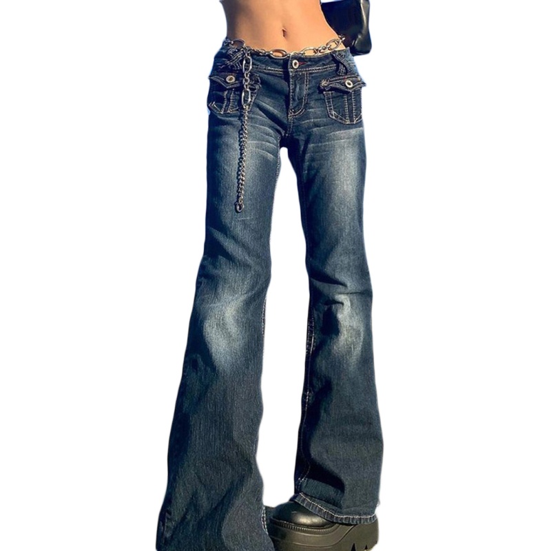 Quần jeans lưng thấp ống loe phối túi phong cách cổ điển cho nữ