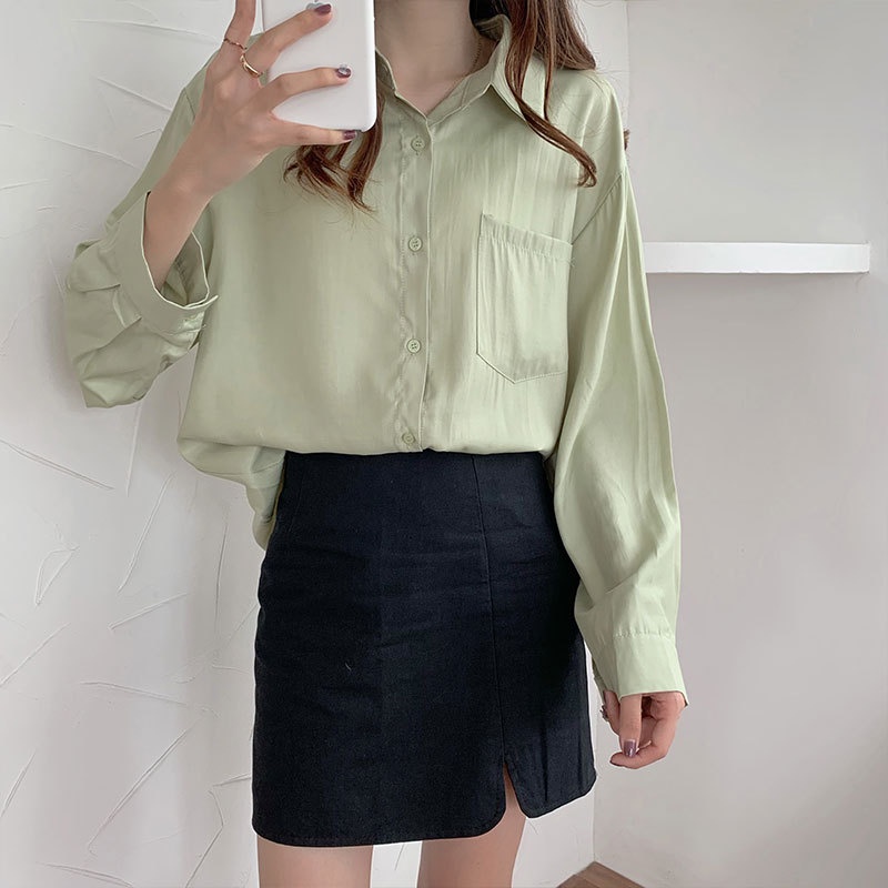 Aó sơ mi nữ form rộng dài tay chất lụa hàn cao cấp 4 màu đen trắng xanh hồng phong cách ulzzang vintage hàn quốc