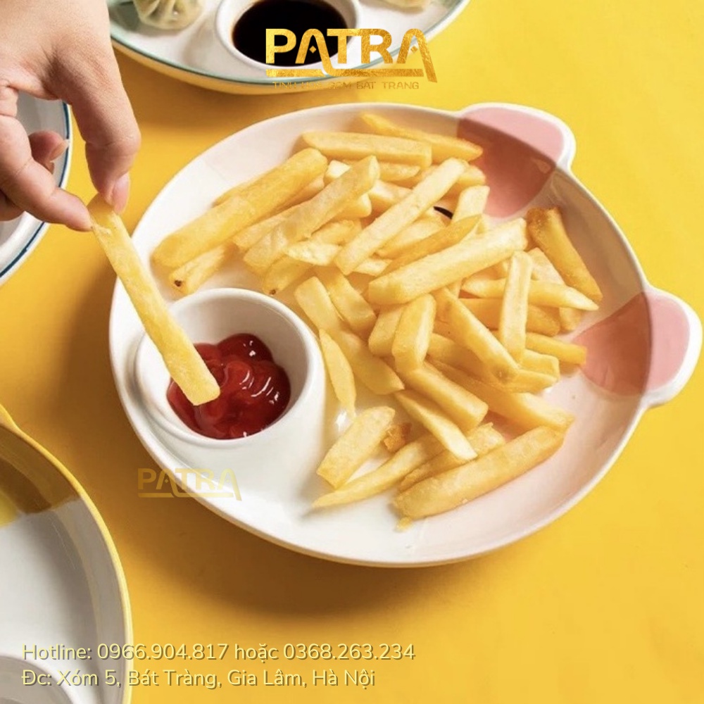 Đĩa sứ hoạt hình có ngăn chấm tiện lợi, dĩa sứ decor họa tiết dễ thương