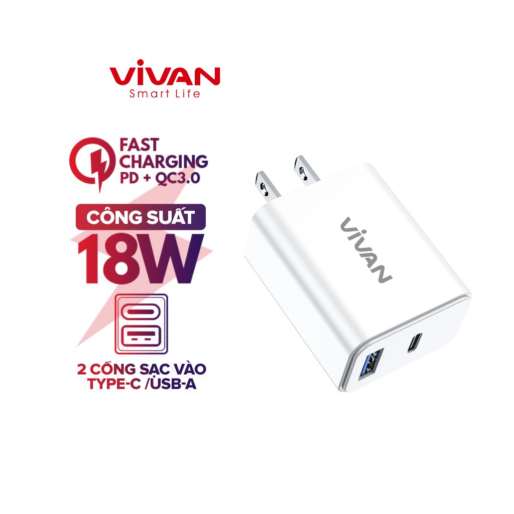 Cốc Sạc Nhanh VIVAN DQ02U 18W 2 Cổng USB-A/Type-C - BẢO HÀNH 12 THÁNG