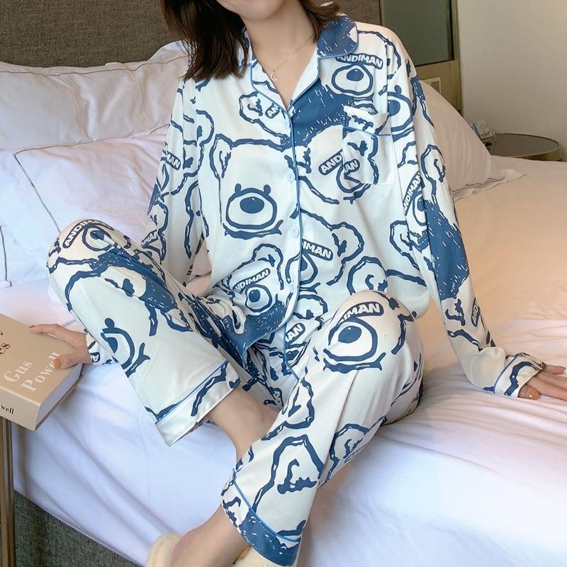 Cặp đôi đồ ngủ gấu hoạt hình sinh viên cardigan thông thường có thể mặc đồ mặc nhà