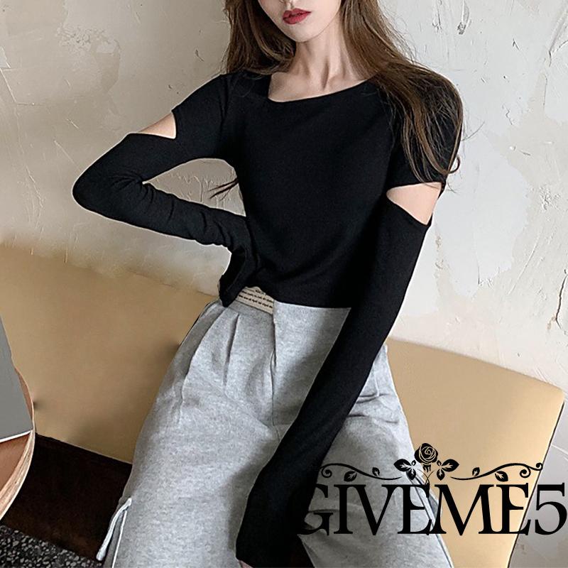 Áo thun nữ tay dài màu trơn cổ tròn rách lỗ thời trang