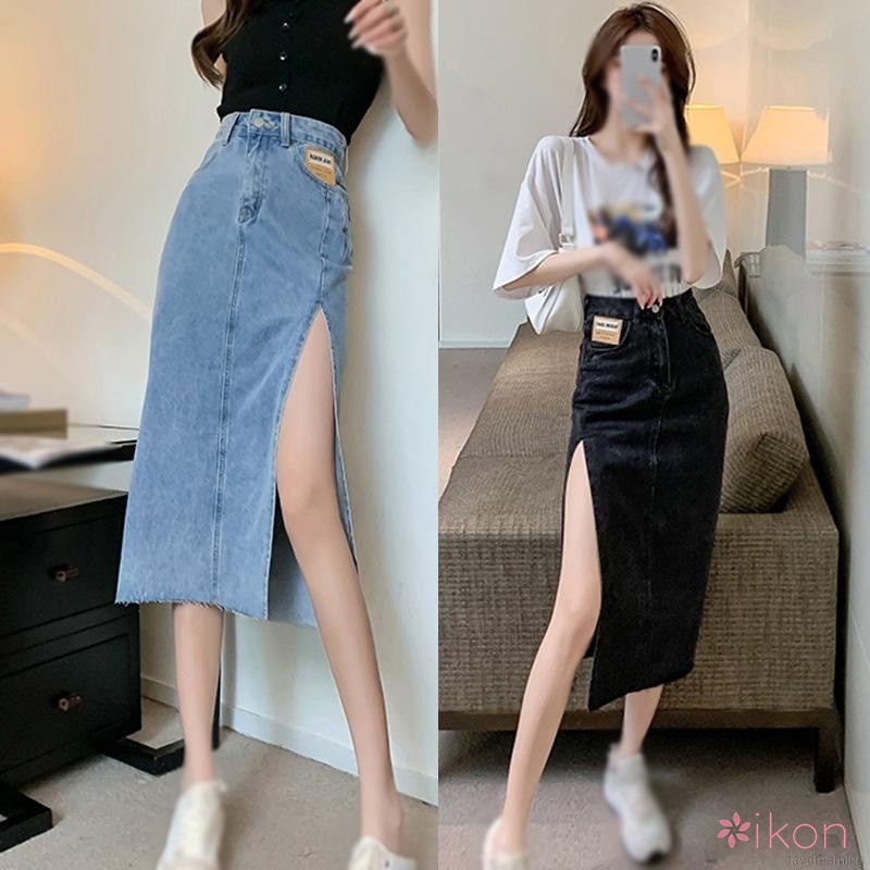 Chân váy jean Lưng Cao Xẻ Tà Phong Cách Vintage
