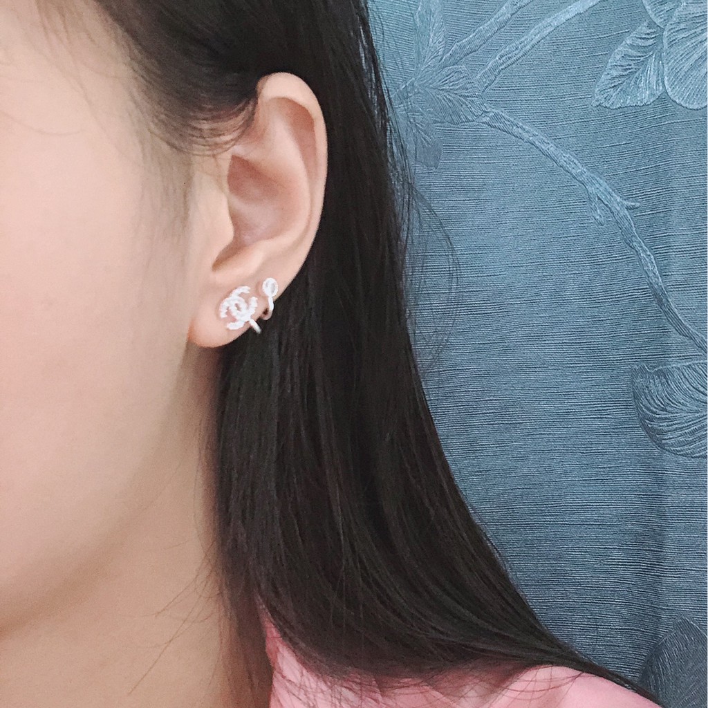 Khuyên tai bạc dáng logo thời trang - Bông tai nữ bằng bạc chuẩn, kẹp vành tai xinh xắn