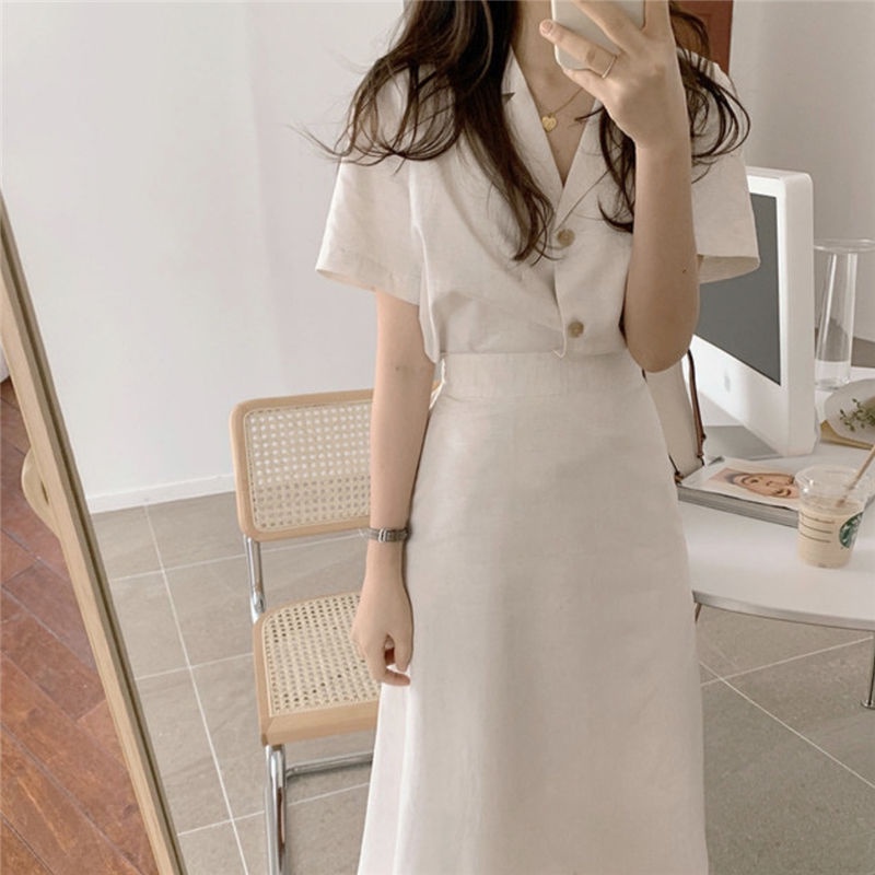 Set Áo Sơ Mi Tay Ngắn Cổ Vest Phối Chân Váy Lưng Cao Thời Trang Hè Trẻ Trung Cho Nữ