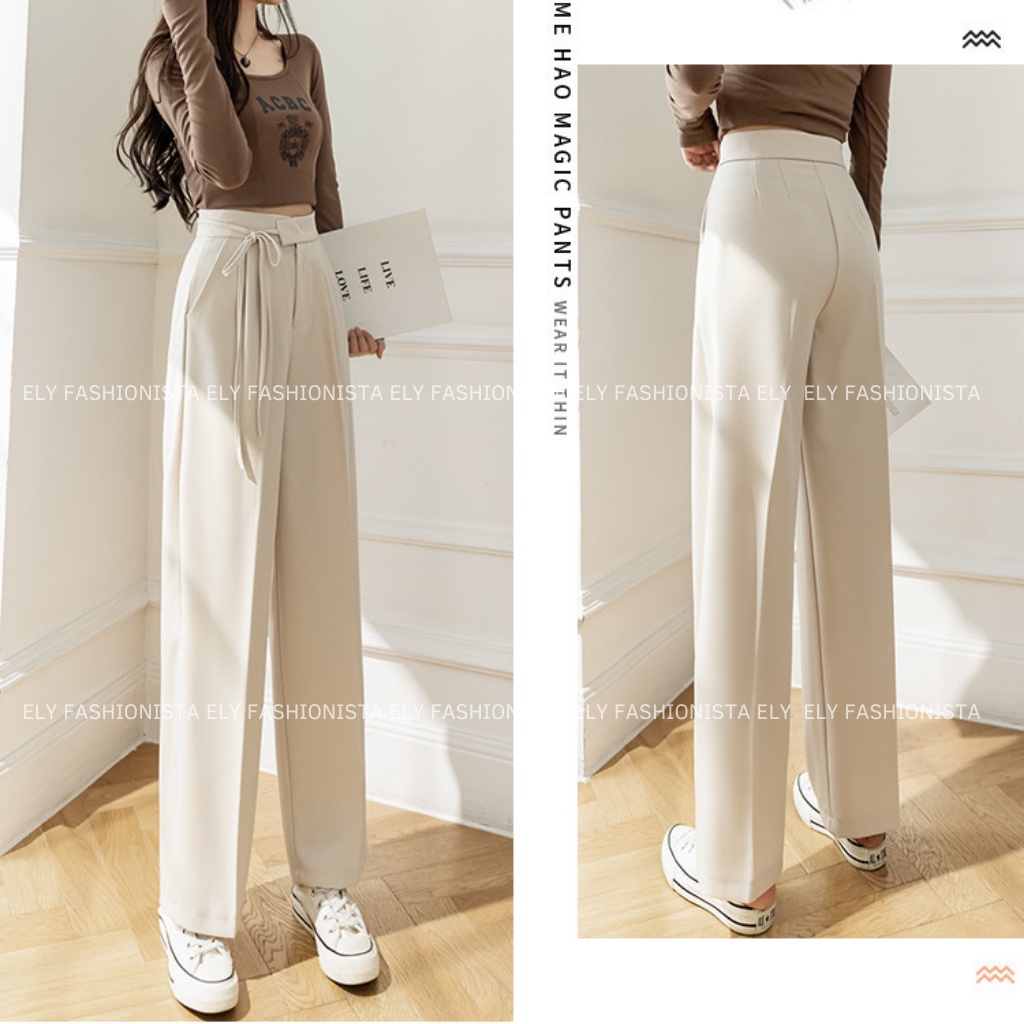 Quần ống rộng nữ lưng cao dáng suông culottes Chất Ruby hàn cao cấp phối dây buộc eo nhiều màu hot dễ kết hợp ELY100