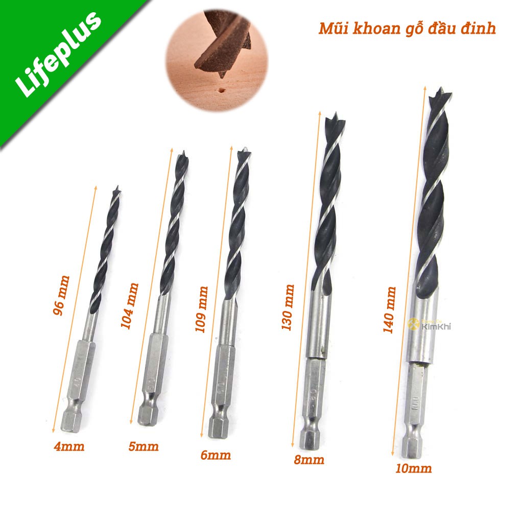 Bộ 5 mũi khoan gỗ đầu đinh 4-10mm chuôi lục thép Cacbon