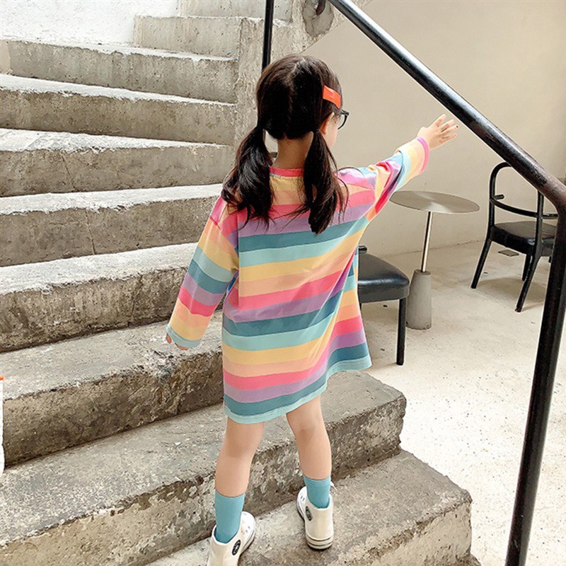 Đầm Công Chúa Kẻ Sọc Màu Cầu Vồng Kiểu Hàn Quốc Thời Trang Mùa Thu Cho Bé Gái 7 Tuổi