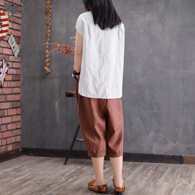 Áo sơ mi cổ trụ Linen cho nữ