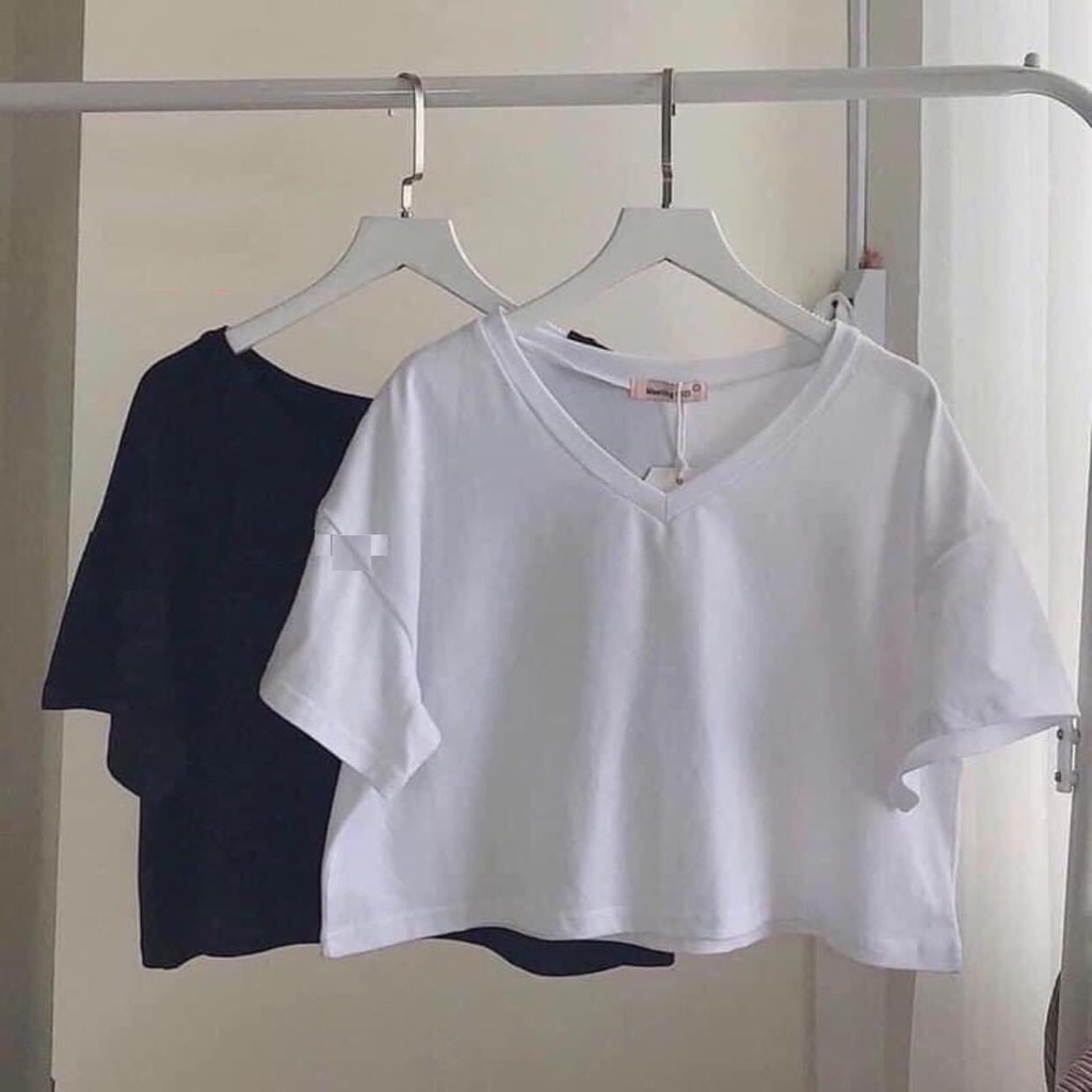 Áo Croptop Cổ Tim PEONYB Nữ [FREESHIP]  Thun cộc tay basic chữ V, phông trơn ngắn màu ĐEN | TRẮNG Ulzzang HOT