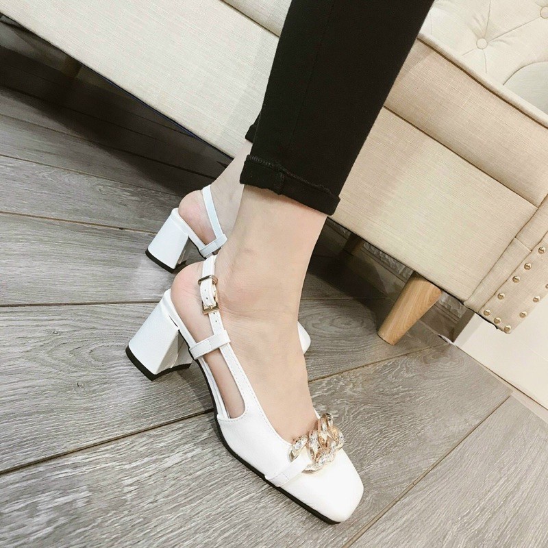 Sandal mũi vuông da bóng khoá xích cao cấp gót 6p siêu đẹp giaynu99 CG-0527
