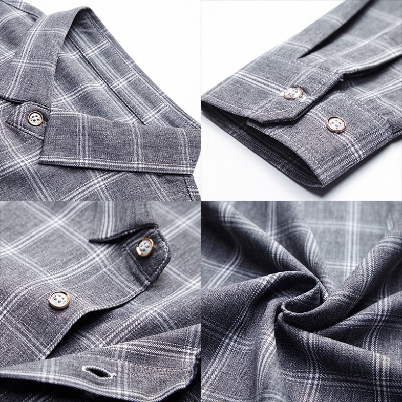 Áo sơ mi nam dài tay chất đũi Ghi Xám Kẻ Ca Rô chuẩn thiết kế Hàn Quốc vải đũi mềm co giãn nhẹ