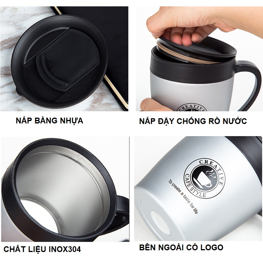 Cốc giữ nhiệt 330ml bằng Inox 304 cao cấp có tay cầm đựng cafe trà kèm thìa inox ( Creative cafe style)