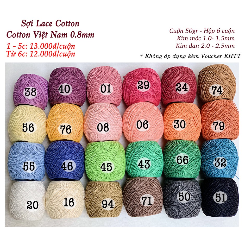 Sợi Lace Cotton - Cotton Việt Nam 0.8mm - Sợi Cotton đan móc áo, đầm- Bảng màu 01