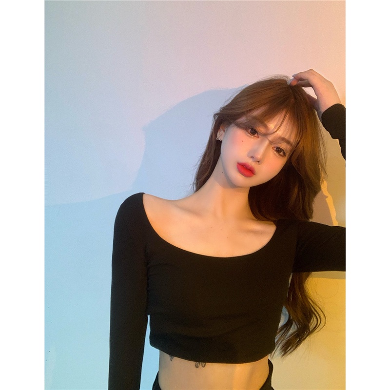 Áo thun nữ SUXI dài tay cổ chữ U màu trơn đa năng