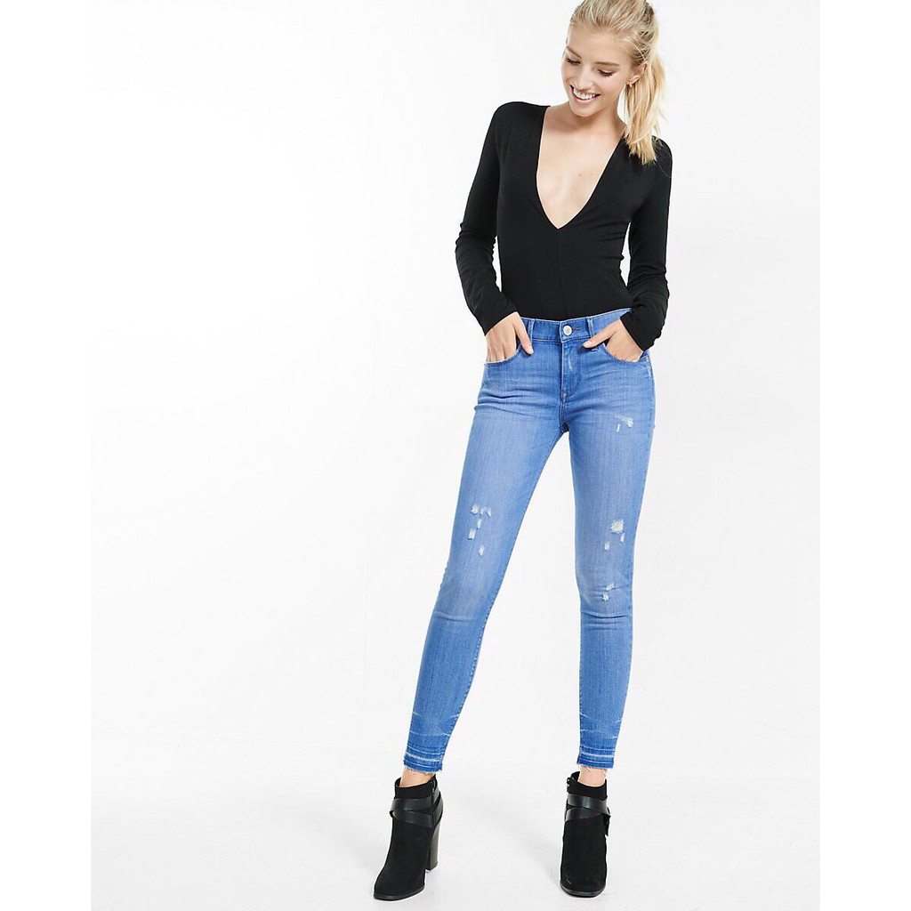 Quần Jeans EXPRESS Cắt Nhãn Dài Ống Ôm Tua Rua Co Giãn - 2243
