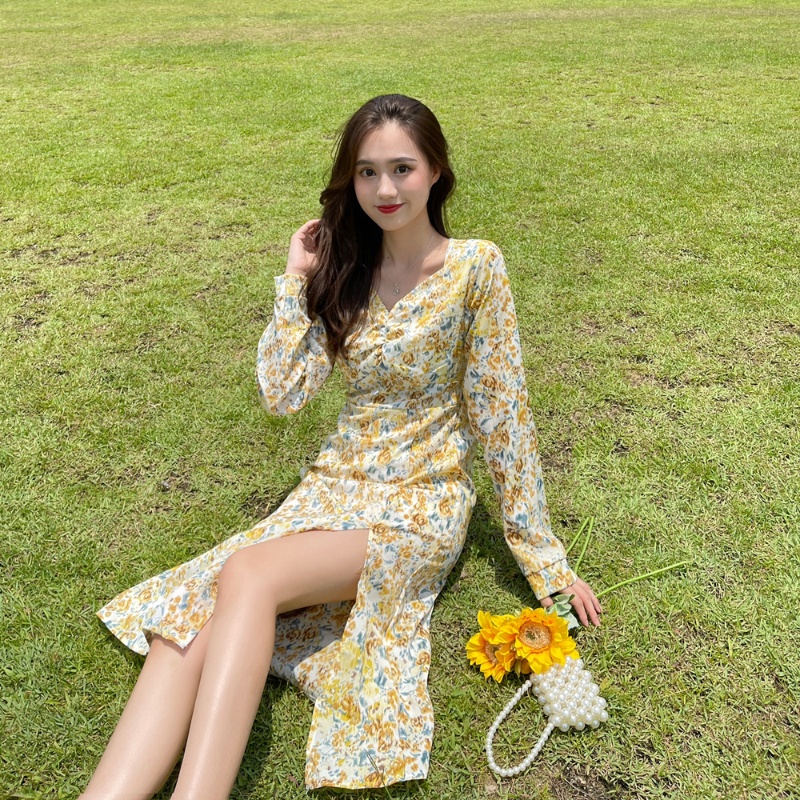 Đầm Hoa Midi Thời Trang Mùa Thu Hàn Quốc Cho Nữ