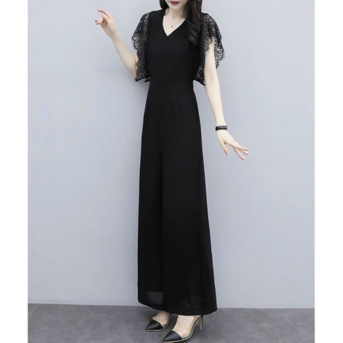 Jumpsuit dài tay ren ống suông rộng, bộ jum đồ bay vải lụa cổ V - DTH