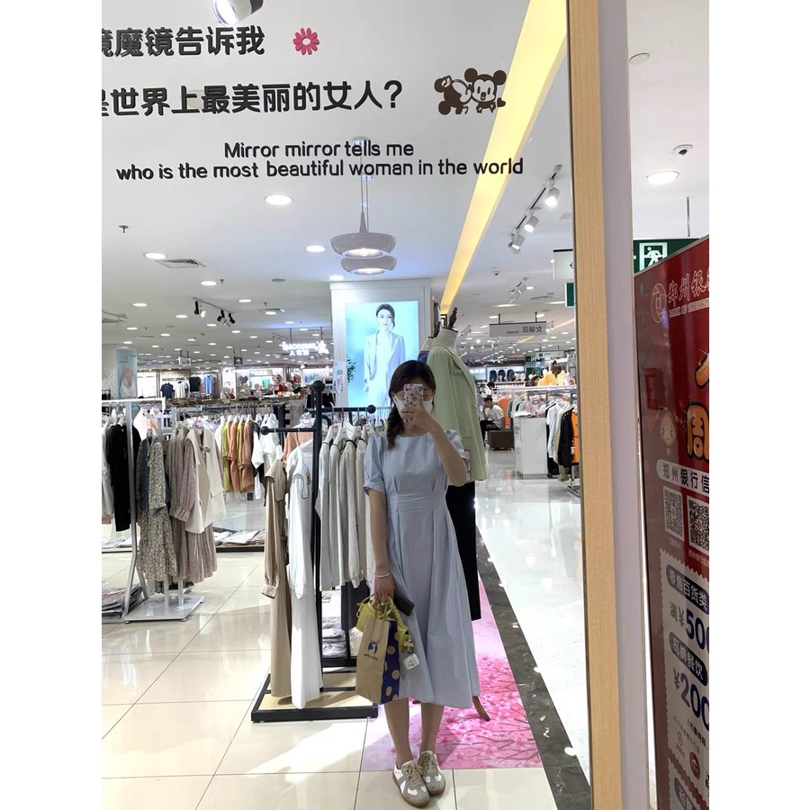 Váy MORAN phong cách vintage màu xanh/be eo thon xếp ly xòe dài đơn giản Hàn Quốc