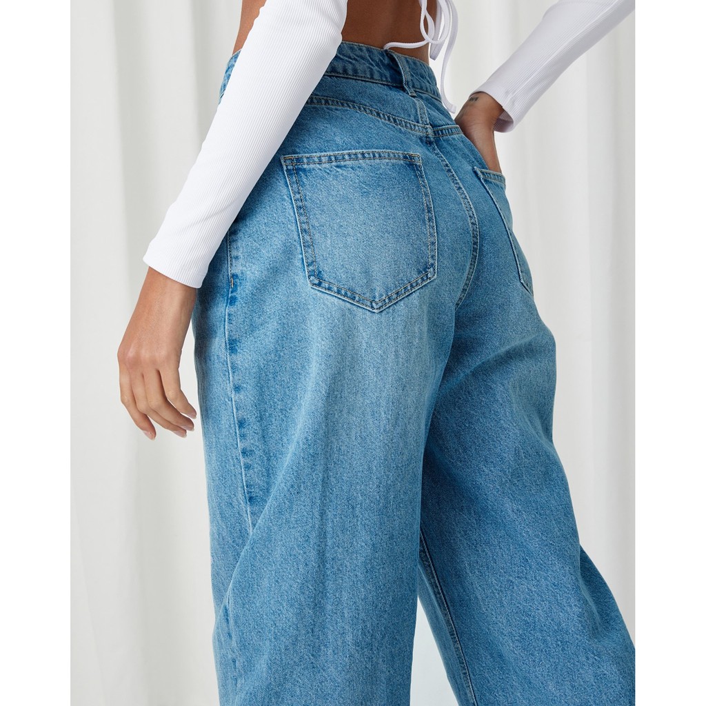 Quần Jeans Nữ Lưng Cao Ống Suông Rộng Màu Xanh Wash Đùi L-02B