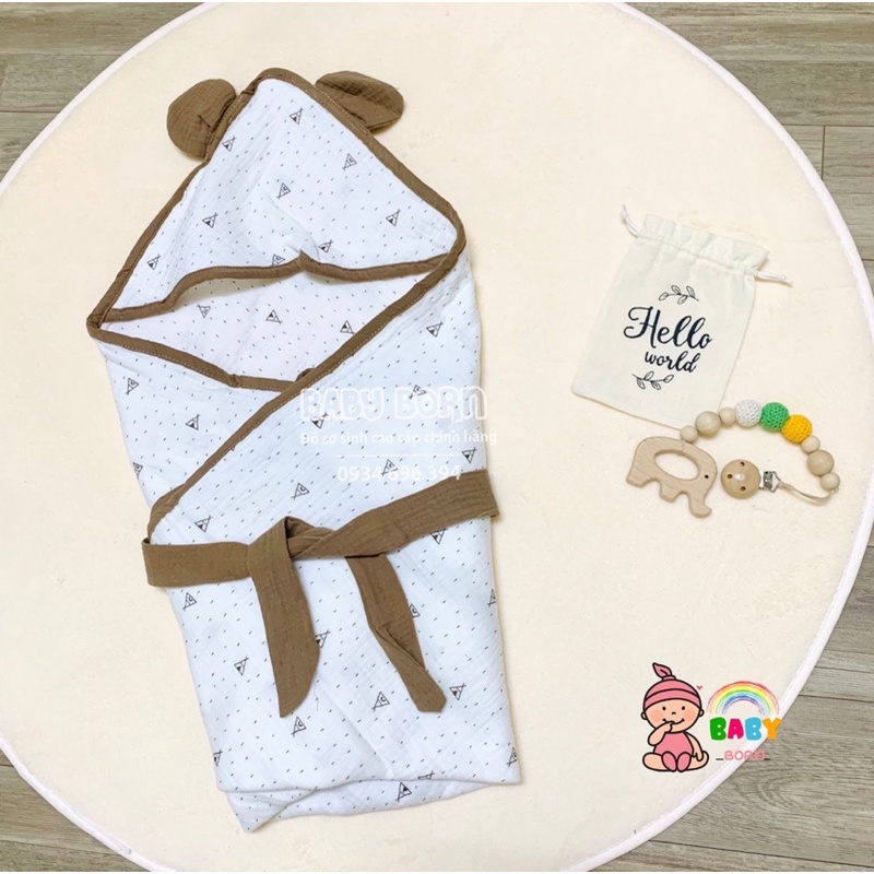 Emom - Chăn ủ Muslin sợi tre đa năng 4 lớp có mũ mềm mại