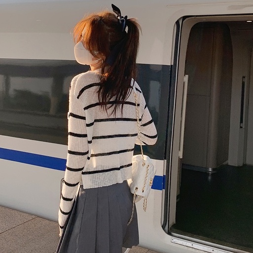 Áo khoác cardigan ZHELIHANGFEI dệt kim tay dài chống nắng họa tiết kẻ sọc thời trang