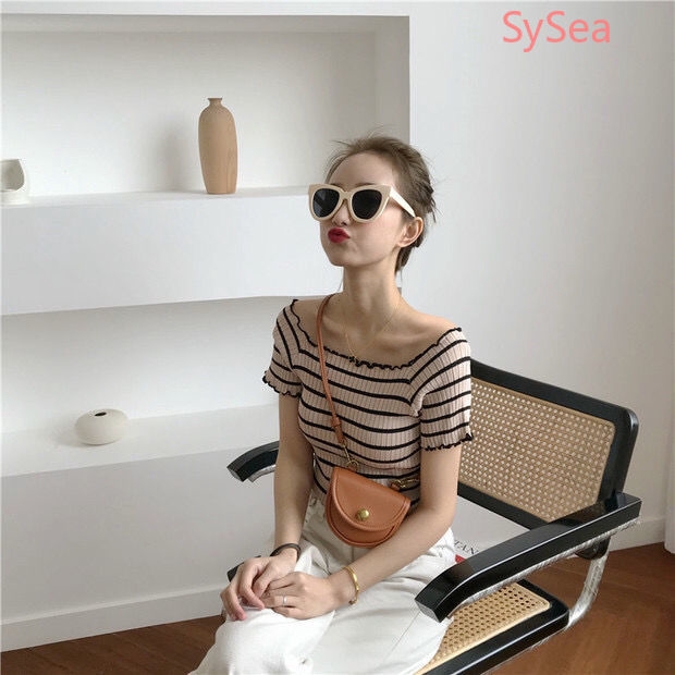 Áo Dệt Kim Trễ Vai Tay Ngắn Hoạ Tiết Kẻ Sọc Cho Phái Nữ