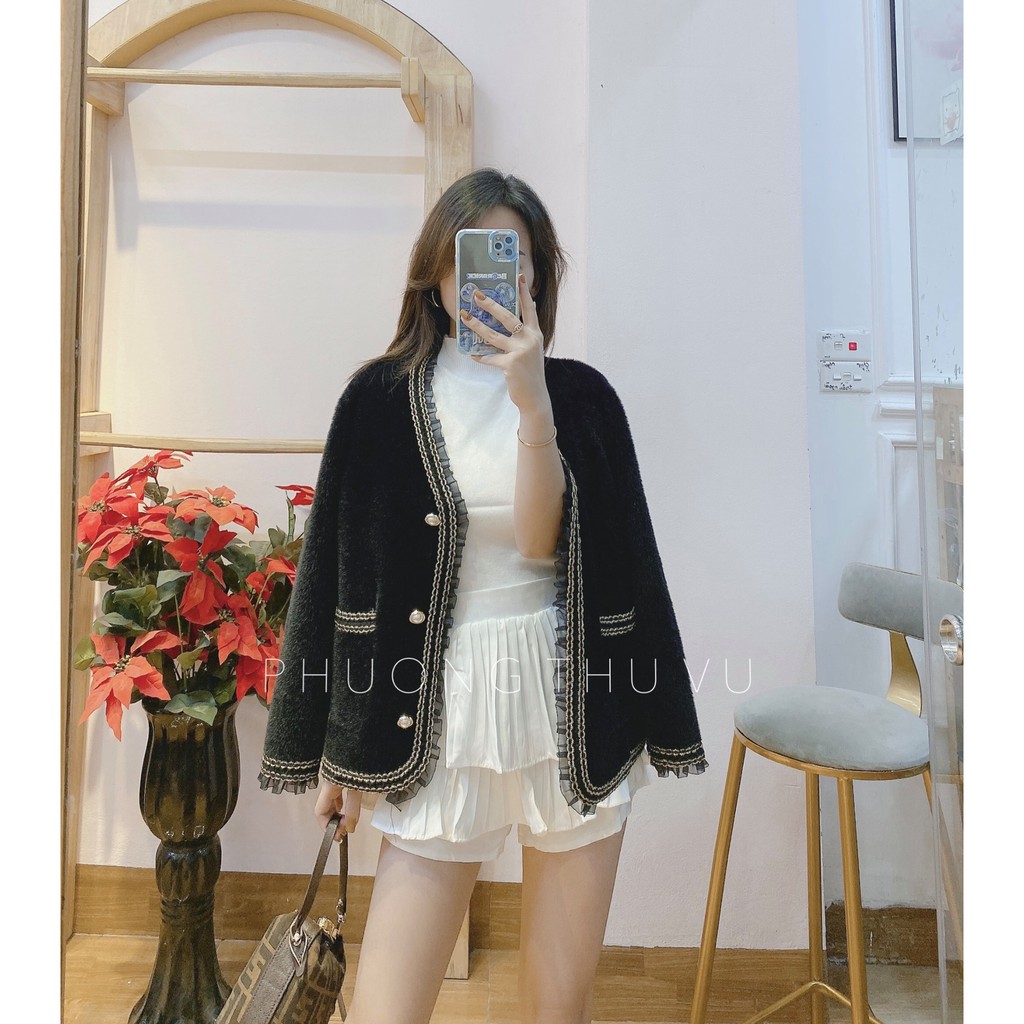 (HÀNG SẴN - ảnh thật) Áo khoác cardigan len lông mềm mịn cổ phối voan viền ánh nhũ lấp lánh Hàn Quốc cao cấp sang chảnh | BigBuy360 - bigbuy360.vn