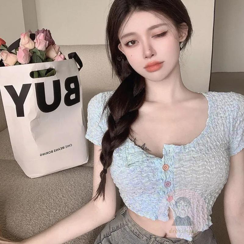 Áo Thun Ngắn Tay Cổ Tròn Hở Rốn Xếp Ly Cài Nút Màu Sắc Thời Trang Cho Nữ