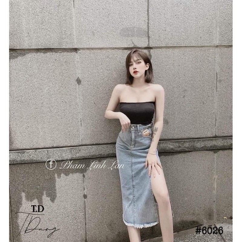 Chân váy bò xẻ mác túi dáng dài