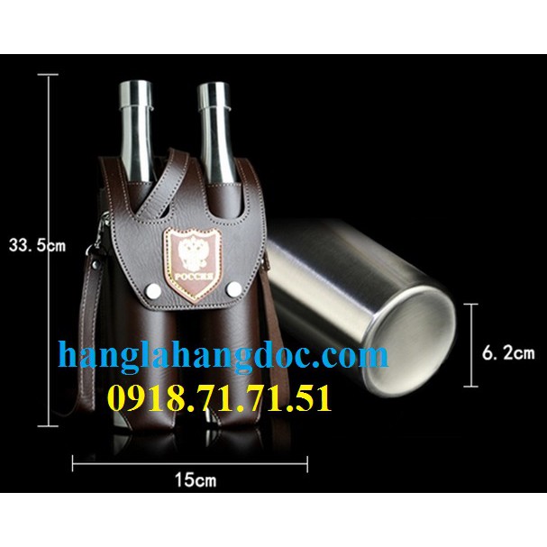 Bộ 02 chai rượu inox CCCP, có bao da đựng, tổng dung tích 1.5L