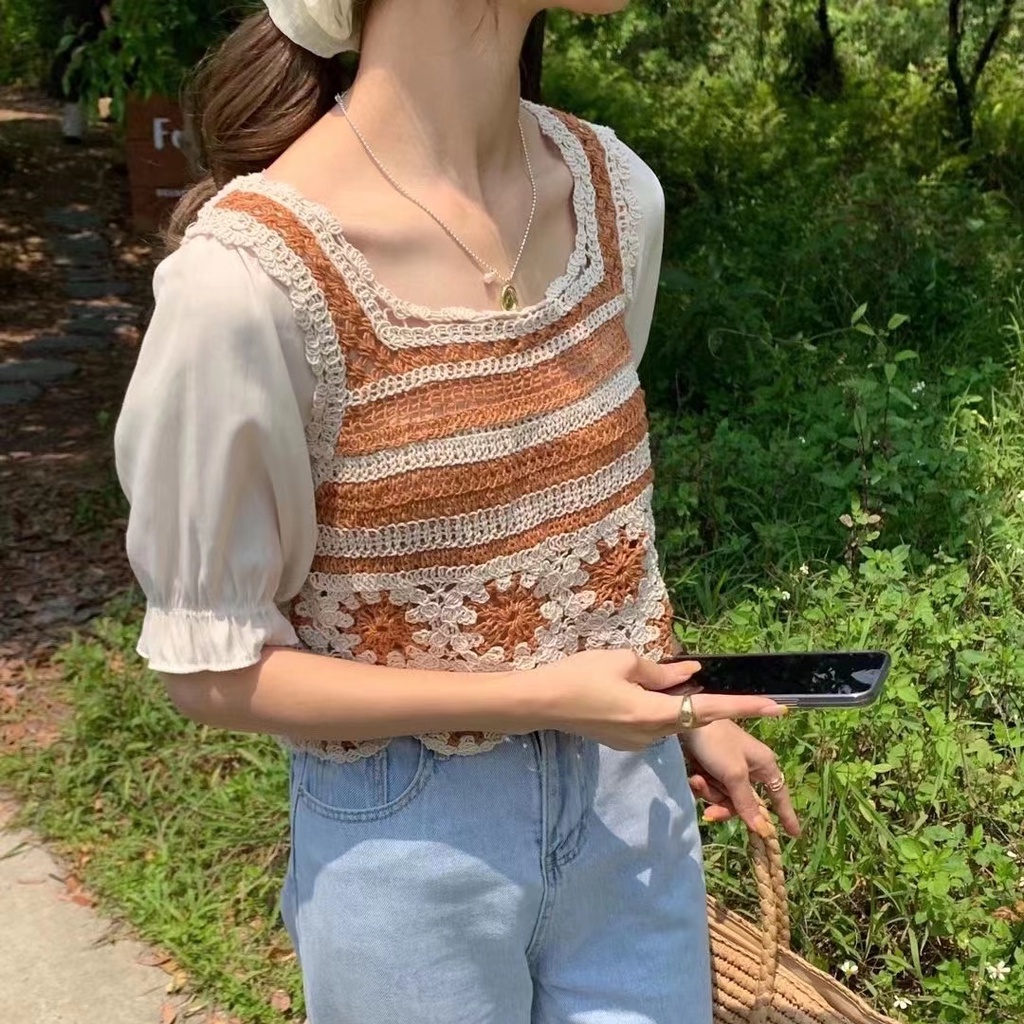 SUXI Áo Tay Ngắn Cổ Vuông Dáng Rộng Phong Cách Vintage Thời Trang Mùa Hè Cho Nữ