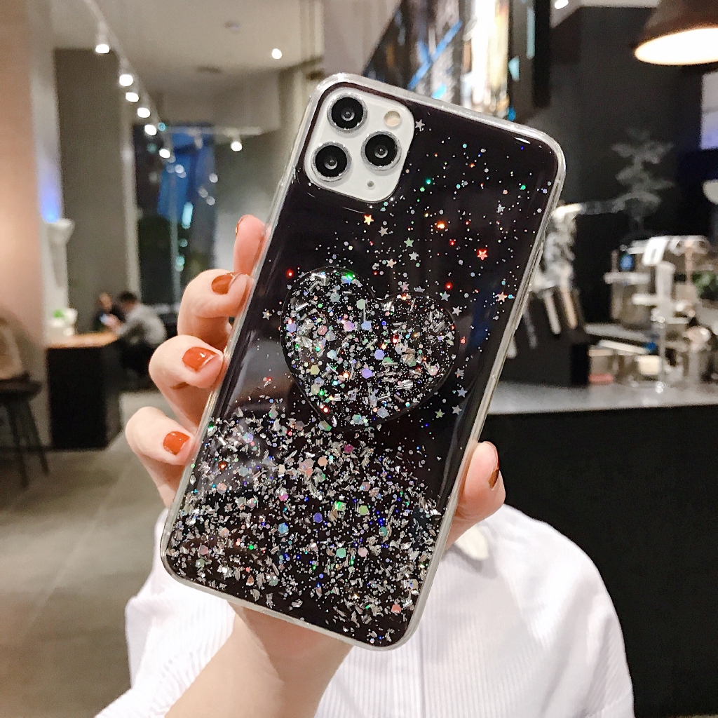 Vivo Y20S Y30i Y30 Y50 V19 Y11 Y12 Y17 Y91 Y93 Y95 V17 V15 Z1 Pro Glitter Soft Case with Heart Phone Stand