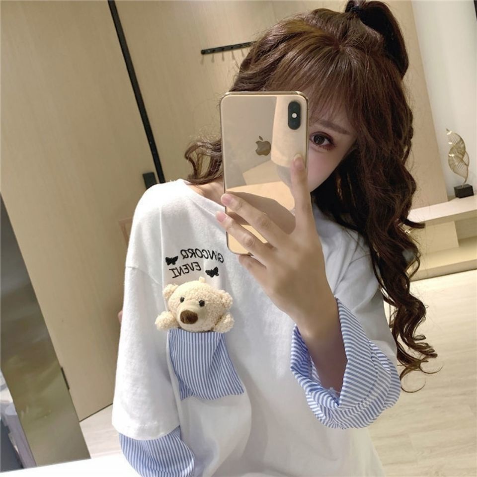 Áo Thun Tay Dài Giả Hai Lớp In Hình Gấu Thời Trang Mùa Xuân 2022 Plus Size Cho Nữ