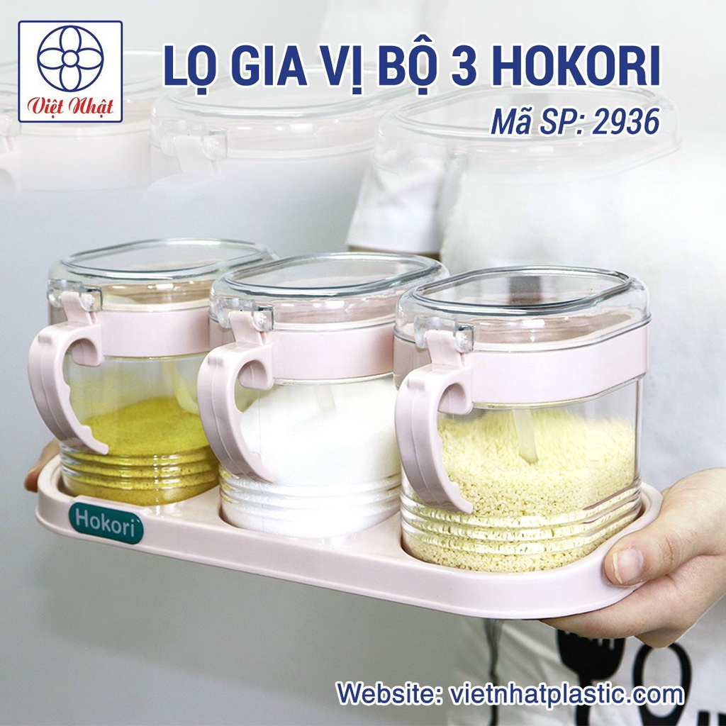 Bộ 3 lọ Hokori đựng gia vị kèm thìa có nắp đậy