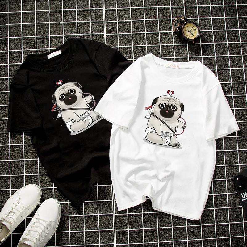 Áo thun unisex form rộng chó pug thần tình yêu vải dày mịn 2019T2165