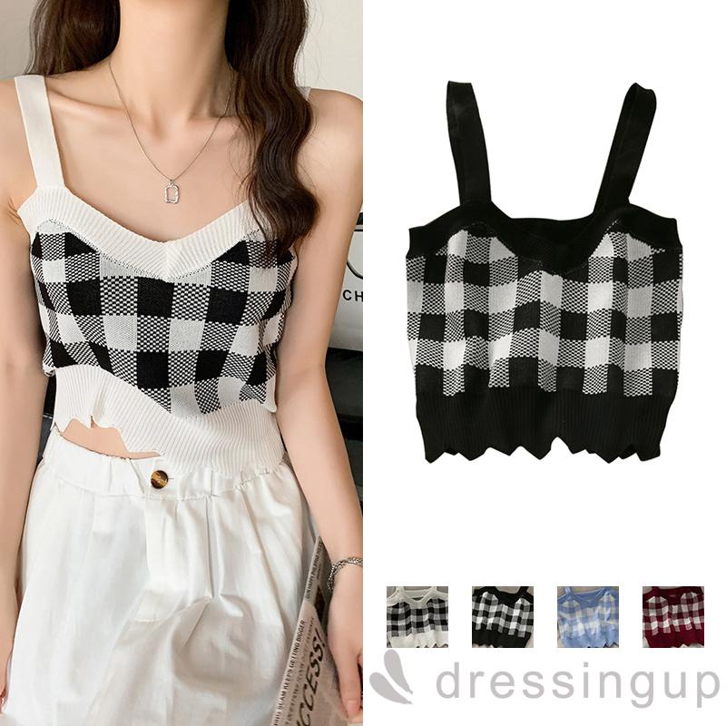 Áo Croptop Dệt Kim Không Tay Cổ Chữ V In Họa Tiết Caro Cổ Điển Dành Cho Bạn Nữ