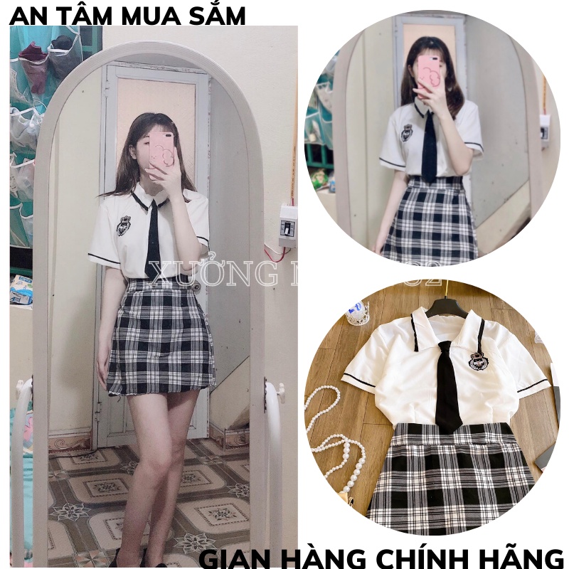 Set sơ mi phối chân váy kẻ cavat nữ - Bộ áo cộc tay form rộng kèm váy kẻ caro bánh bèo nữ tính HOT XƯỞNGMAYTC2