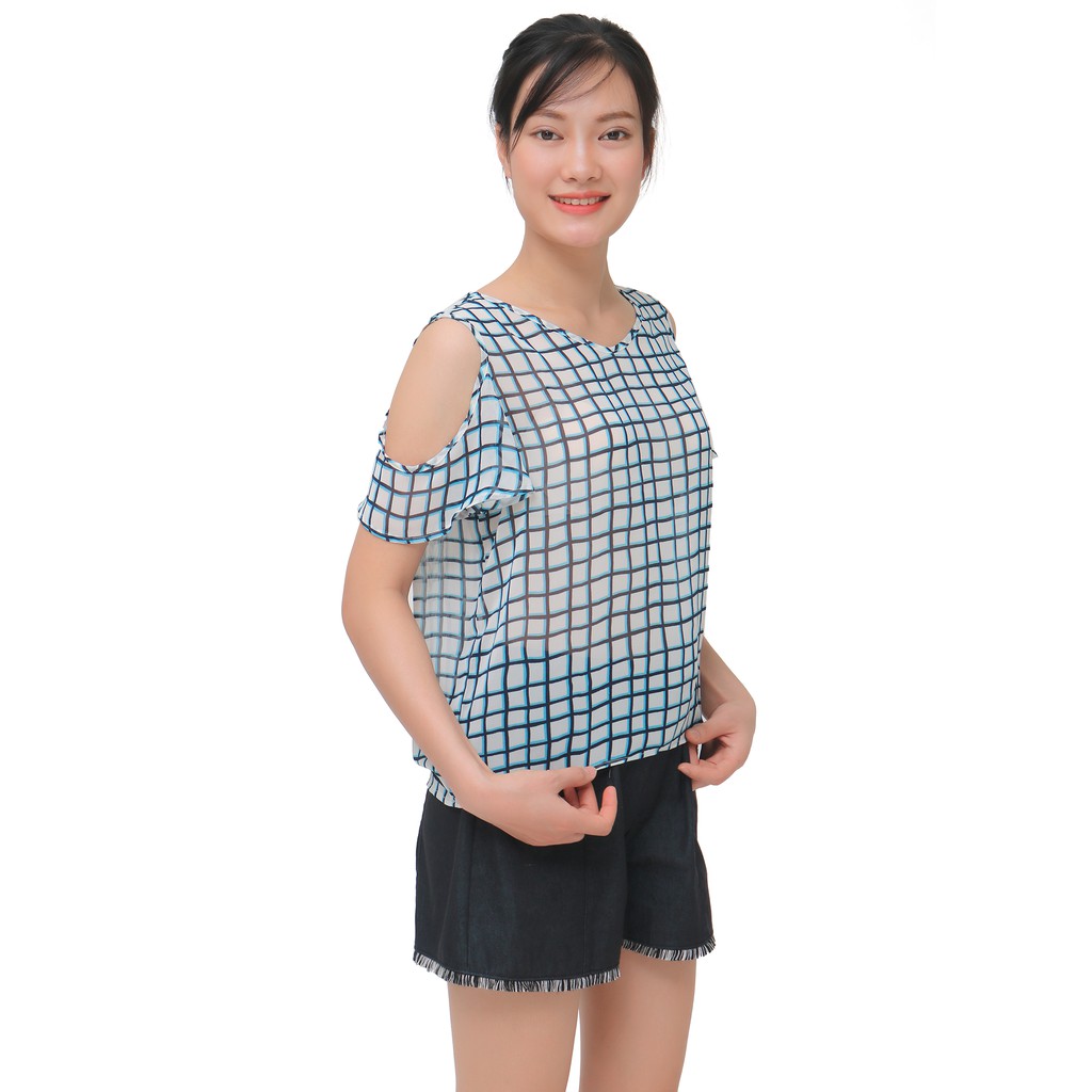 Áo kiểu nữ ô vuông kẻ xanh đen Narsis L9019