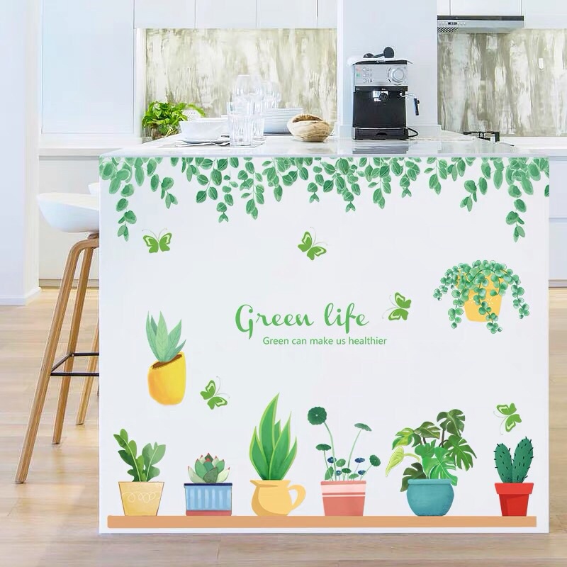 Tranh dán tường , Decal dán tường chậu cây green xinh xắn
