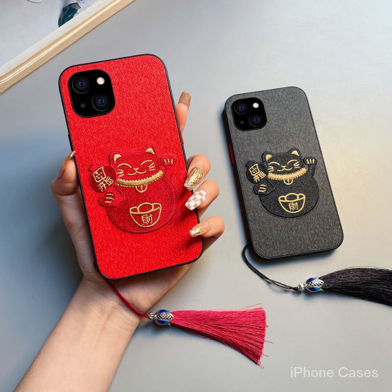 Ốp Điện Thoại Thêu Hình Mèo May Mắn Cho Apple iPhone 7 8 Plus X Xr Xsmax 11 12 13 pro max