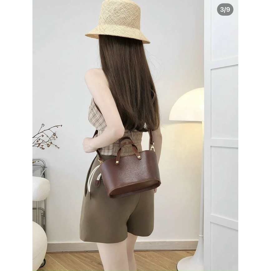 Set Áo Caro Hồng Cổ Yếm Kèm Sơ Mi Nâu + Short Nâu