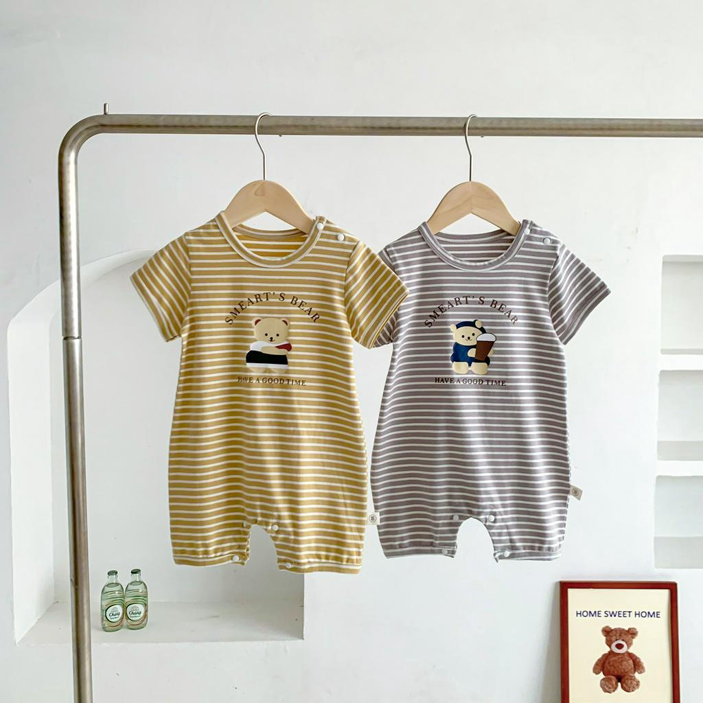Bộ Áo Liền Quần Ngắn Tay Họa Tiết Sọc Ngang Cho Bé Gái