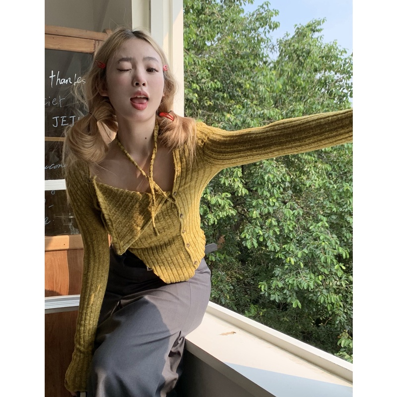QKOOLE  Korean women's clothing Fashion solid color croptop knit long sleeve top
