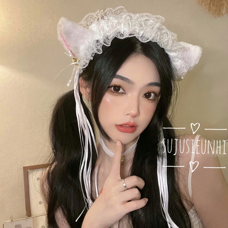 (đen,trắng) Bờm tóc tai mèo đính chuông buộc nơ tua rua thả dài dễ thương, băng đô cosplay nekochan