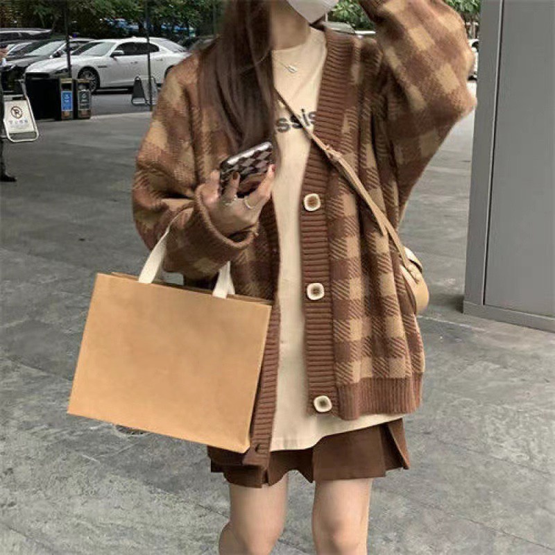Áo cardigan kẻ caro MEE.Unii len dài tay dáng rộng, áo khoác len cardigan len kẻ ô form rộng dài tay dày dặn màu nâu đen