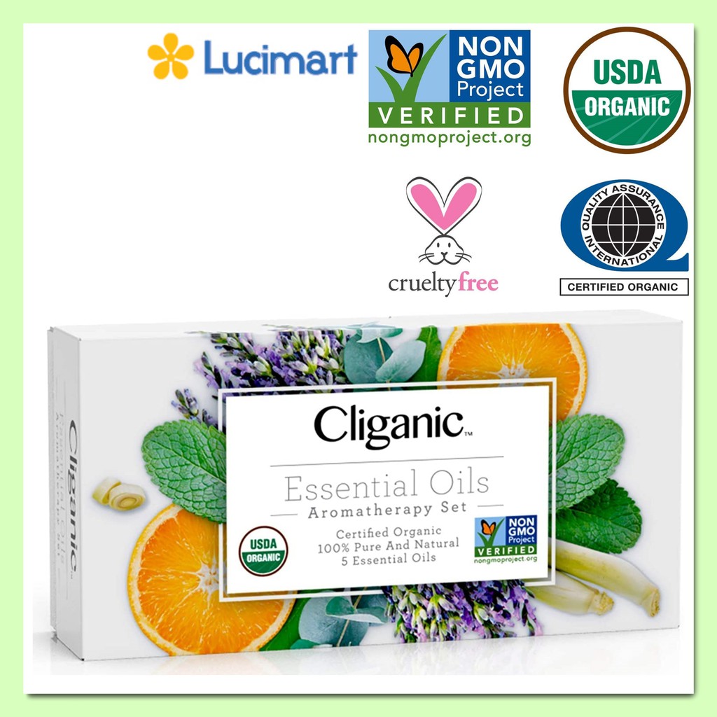Tinh dầu hữu cơ thiên nhiên Cliganic Essential Oils Aromatherapy Set, hộp 5 chai [Hàng Mỹ]