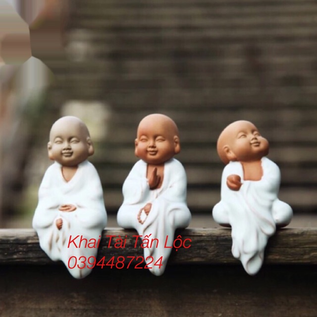Bộ tượng 3 chú tiểu ngồi An nhiên Tự tại gốm tráng men