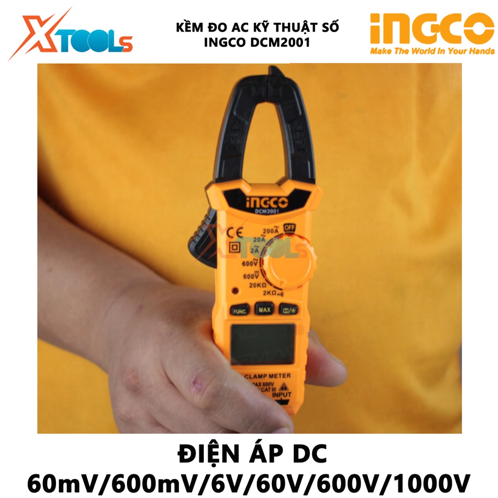 Ampe kìm đo AC kỹ thuật số INGCO DCM2001| Kềm đo AC kỹ thuật số 6000 số đếm, lưu giữ số liệu Dòng điện AC 2A/20A/200A/±(